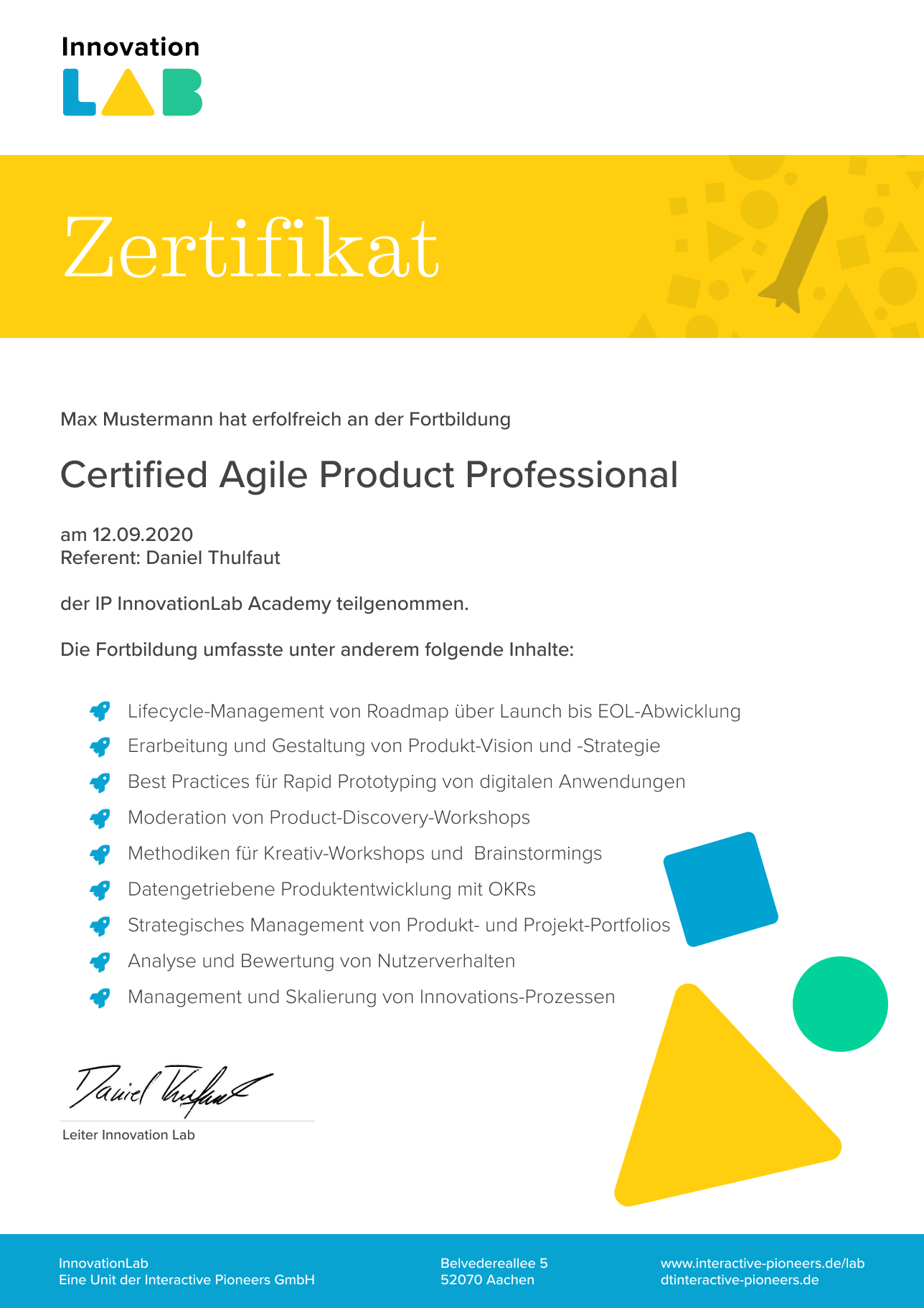 Teilnahmezertifikat Certified Agile Product Professional